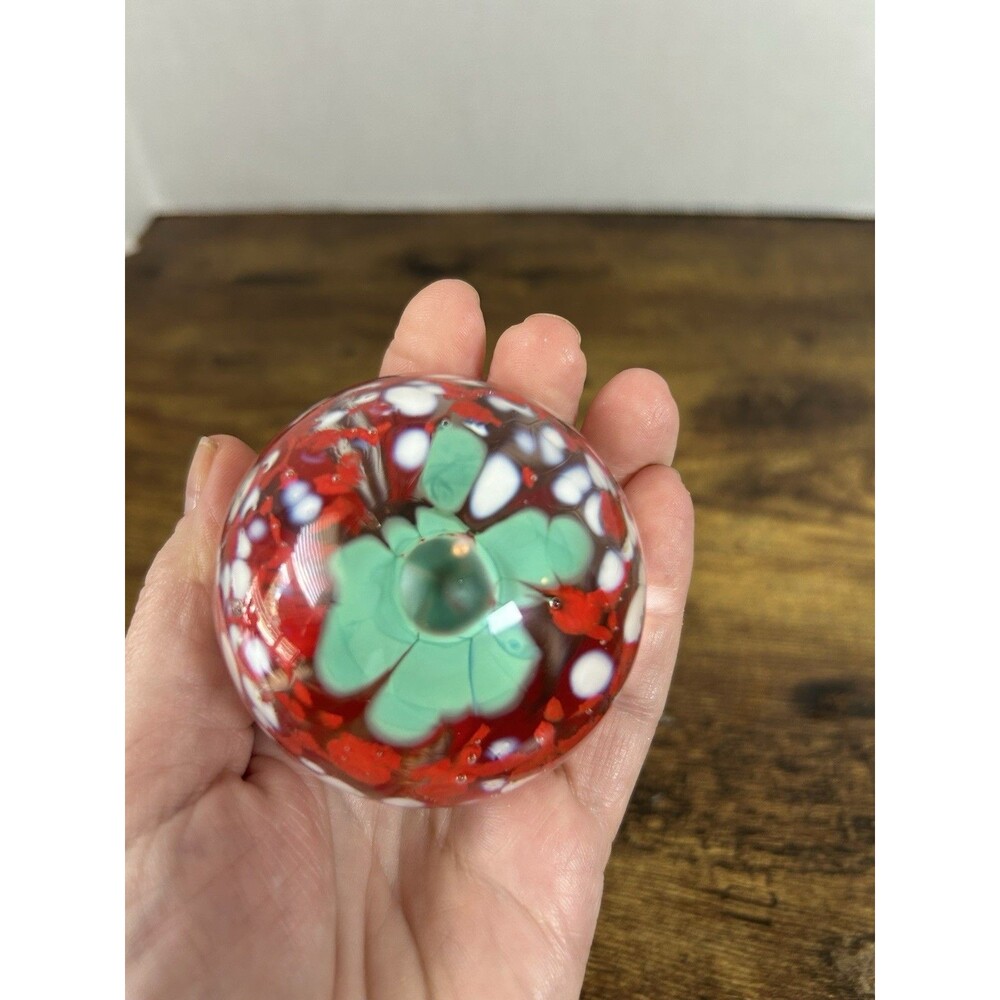 Vintage Art Glass Paperweight Floral Millefiori Red White Green Flower Orb Ball - Picture 7 of 10